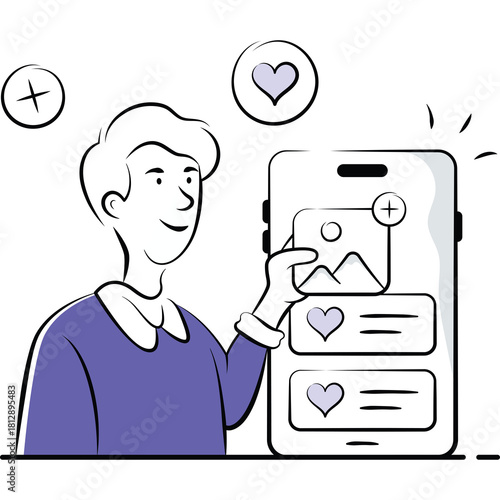 Line Art of a Man Smiling While Holding a Smartphone Displaying Social Media Content with Heart Icons and Photos on a Transparent Background
