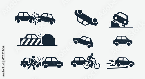 Black and White Car Crash Accident Progression Icons