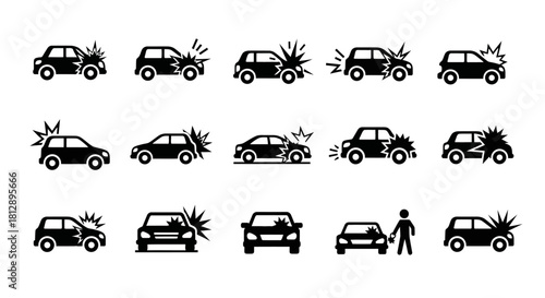 Black and White Car Crash Accident Progression Icons