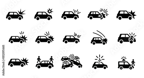 Black and White Car Crash Accident Progression Icons