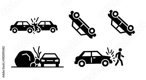 Black and White Car Crash Accident Progression Icons