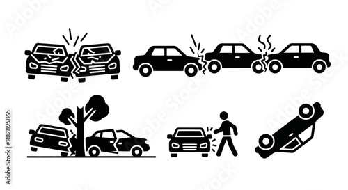 Black and White Car Crash Accident Progression Icons