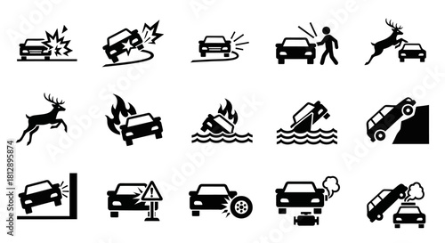 Black and White Car Crash Accident Progression Icons