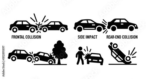 Black and White Car Crash Accident Progression Icons