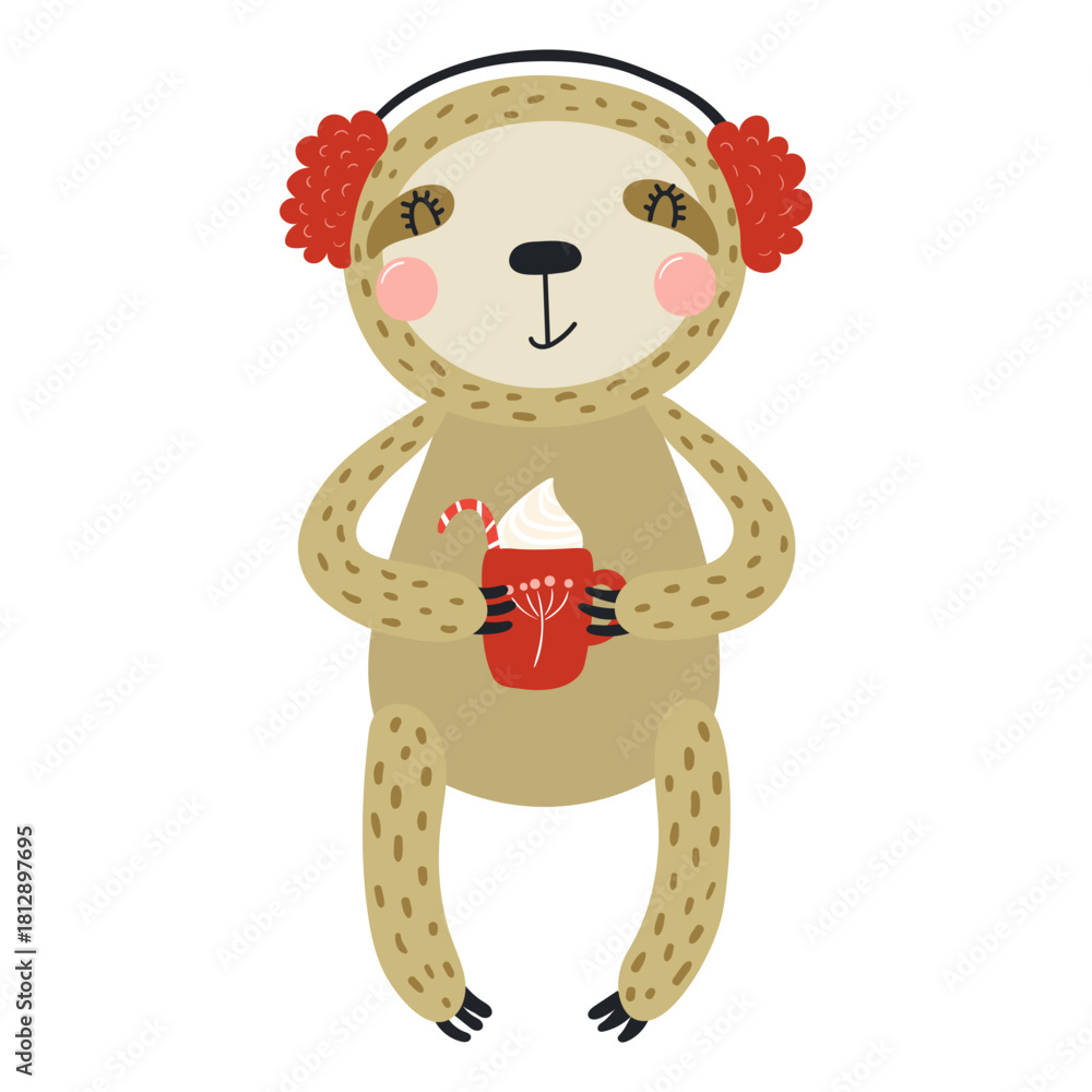 Obraz premium Sloth in earmuffs, with a mug isolated on transparent. Hand drawn flat vector illustration. Cute cartoon character. Traditional Christmas, New Year design element, clip art