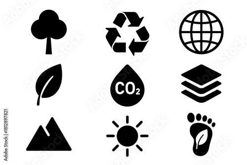Eco-friendly icons set: sustainability, recycling, nature and renewable energy symbols
