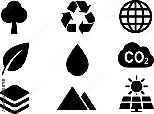 Set of eco-friendly icons: sustainability, renewable energy, and environmental conservation symbols