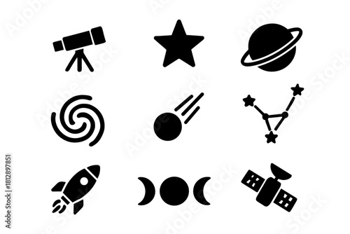 Simple space icons: telescope, star, planets, rocket, and constellation