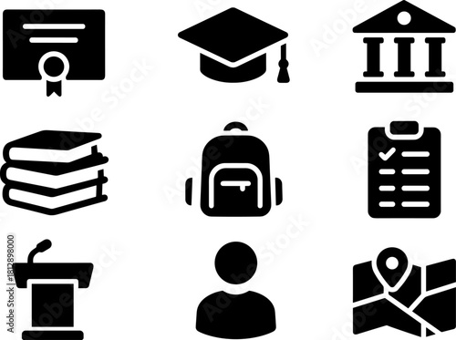 Education icons set: certificate, graduation cap, books, backpack, checklist, podium, person, map, building