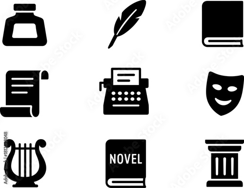 Classic literature and arts icons: ink, quill, typewriter, and more
