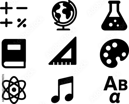 Educational icon set: math, science, music, and language symbols in black silhouette