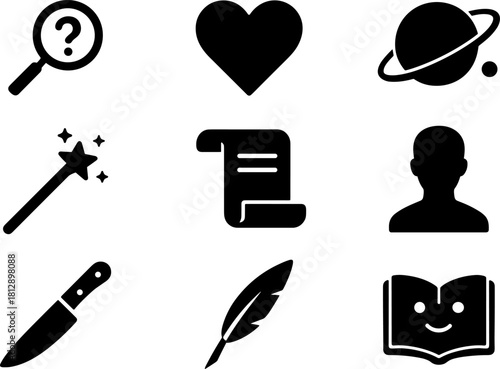 Minimalist icon set: heart, planet, magic wand, person, knife, feather, book, scroll, magnifying glass
