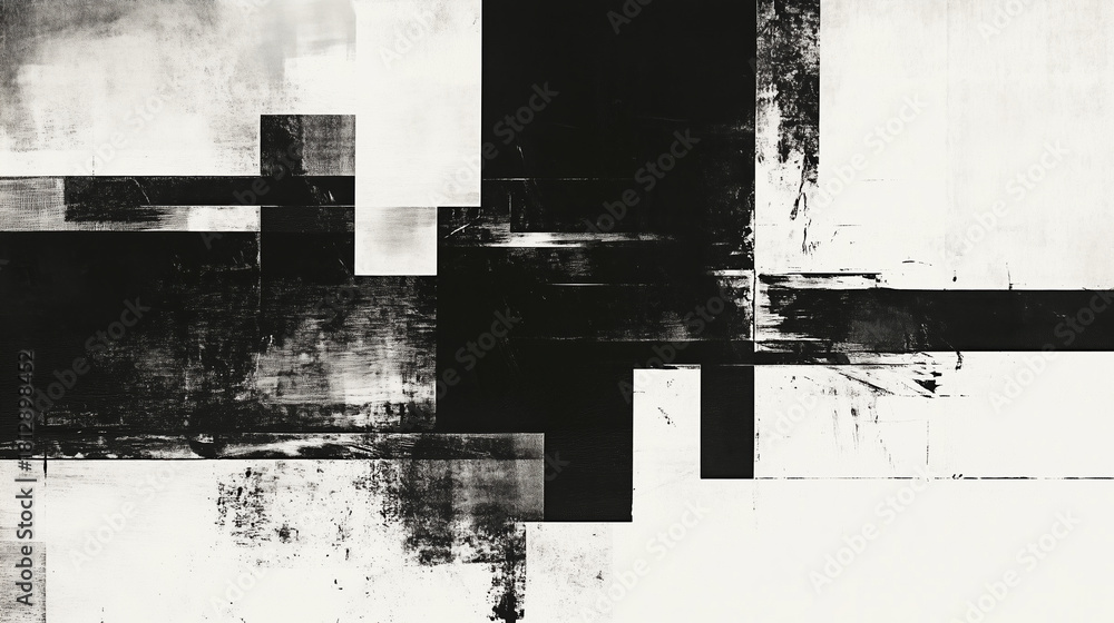 Fototapeta premium Abstract composition featuring blend of black and white geometric shapes, creating striking visual contrast. interplay of textures and forms evokes sense of modernity and artistic expression