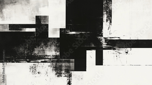 Abstract composition featuring blend of black and white geometric shapes, creating striking visual contrast. interplay of textures and forms evokes sense of modernity and artistic expression