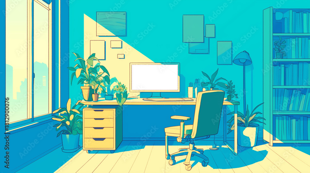 Fototapeta premium 落ち着いた空間でデジタル作業を行う人物のイラスト|在宅ワーク、遠隔授業、PC利用、現代的生活シーンを描いたフリー素材に最適