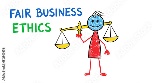 A hand-drawn stick figure holds the scales of justice, representing the concept of balance, integrity, and ethical principles in corporate conduct