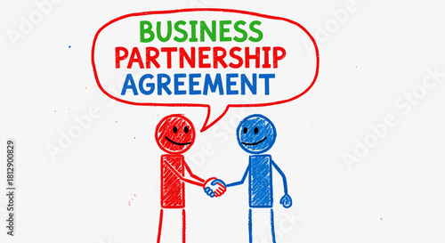 Business Partnership Agreement Illustration Red and Blue Figures Shake Hands