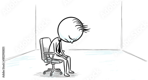 A minimalist sketch captures the profound loneliness and mental exhaustion of a bowed businessman, symbolizing corporate burnout and the silent struggle in an empty office
