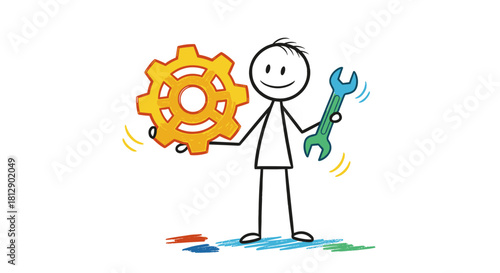 A cheerful stick figure embodies the essence of system configuration and technical problem-solving, holding a bright gear and a reliable wrench, symbolizing innovation and efficiency