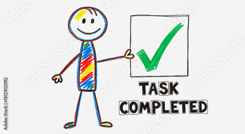Task Completed Stick Figure Celebrating a Successful Project with a Check Mark