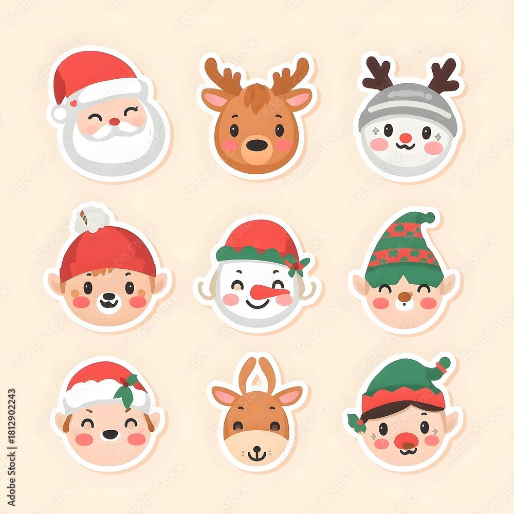 Obraz premium Set of Cute Christmas Head Stickers: Santa, Reindeer, Snowman, and Elf Avatars