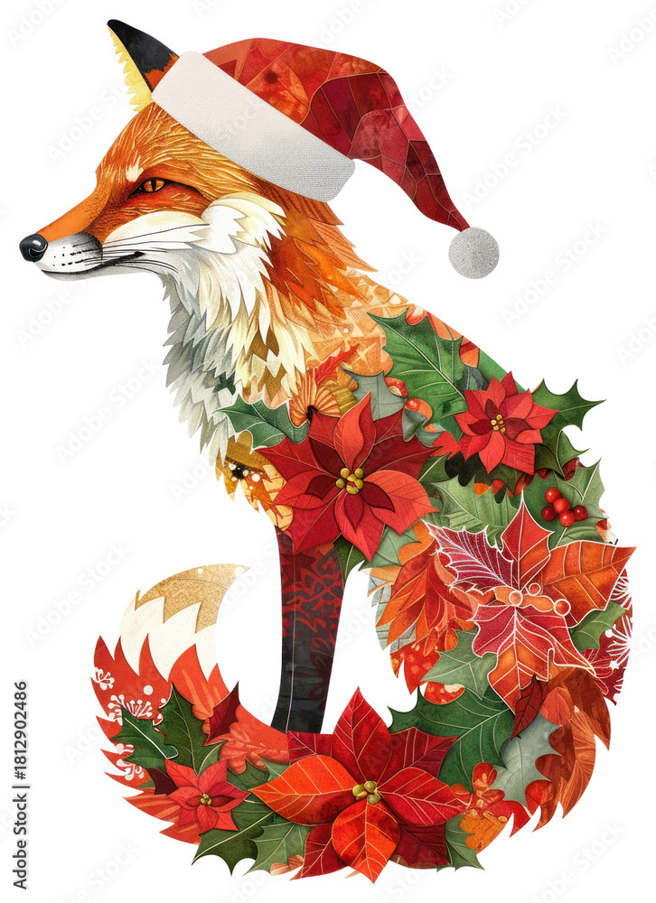Naklejka premium PNG Poinsettia Flower Collage fox wearing Santa hat illustration poinsettia christmas.