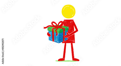 A Red Figure Holding A Wrapped Gift With A Yellow Head - A Token of Joy