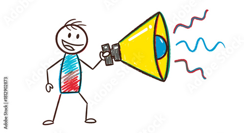 Joyful stick figure doodle character loudly announcing news with a vibrant yellow megaphone, illustrating the concept of broadcasting information, effective communication, and drawing attention