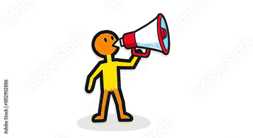 A yellow stick figure holding a megaphone and speaking to an audience or broadcasting a message, symbolic of announcement or public address