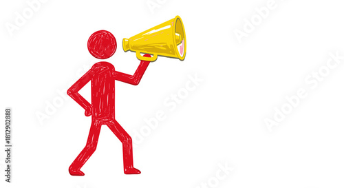Vibrant red stick figure character holding a bright yellow megaphone, symbolizing effective communication, important announcements, and public speaking engagement