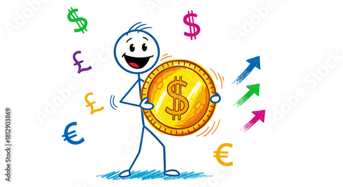 Stick figure celebrating with a giant gold coin and currency symbols flying around, representing financial growth and success