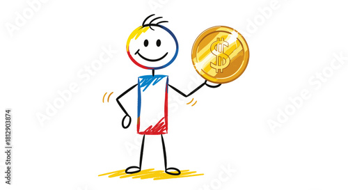Colorful stick figure character happily holding a large golden dollar coin, symbolizing financial success, savings, and investment