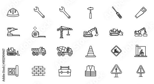 Construction Icons Set Tools, Vehicles, and Safety Gear