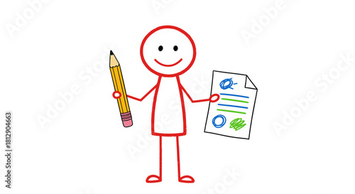A joyful red stick figure proudly displays a signed official document, holding a large pencil, symbolizing a successful agreement or certification