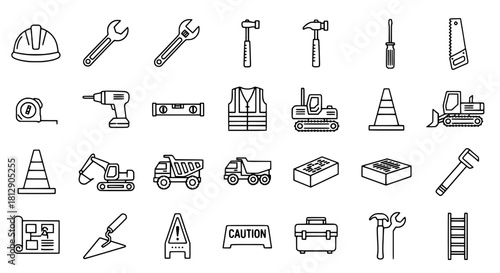Construction Tools Outline Icons Set Industry, Building, and Maintenance