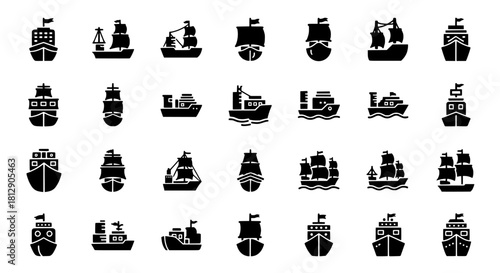 Collection of Black Silhouette Ship Vector Icons