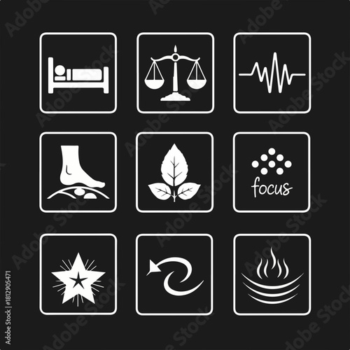 Set of white minimalist icons for wellness health and lifestyle concepts.