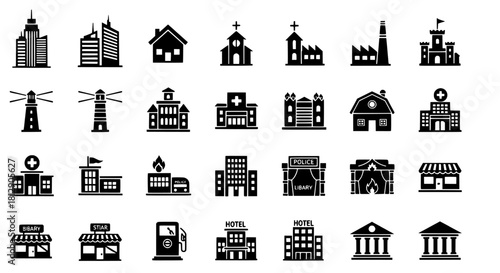 Buildings and Landmarks Silhouette Vector Icons Set