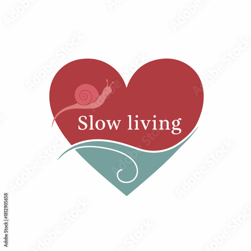 Slow living concept logo with a snail crawling on a heart symbol vector illustration.
