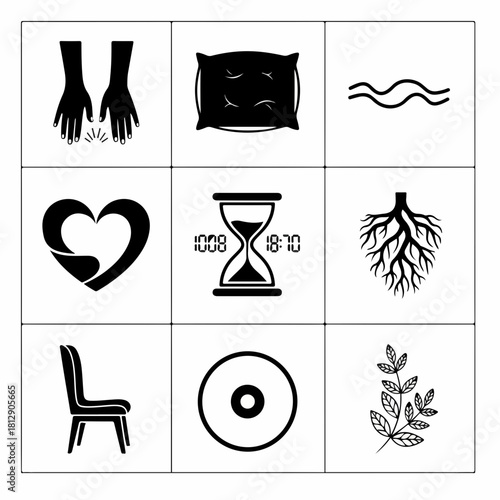 Set of nine black silhouette icons representing various concepts.