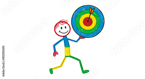 Achieving Goals A Colorful Stick Figure Aiming for the Bullseye with Enthusiasm and Determination