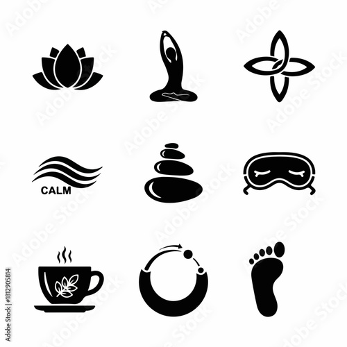 Relaxation and meditation black glyph icons set.
