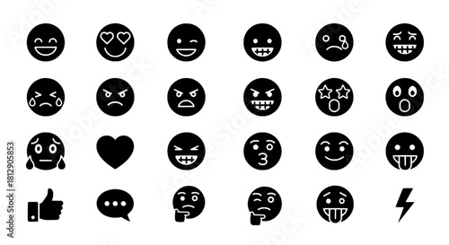 Variety of black emoji icons for social media expressions