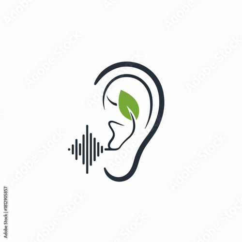 Human Ear with Green Leaf and Sound Waves Symbol.
