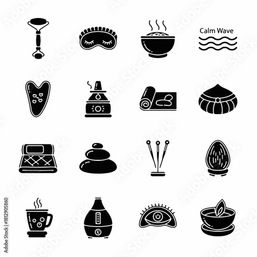Collection of black glyph icons for spa wellness and self-care.