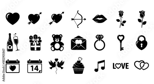 Love and Romance Icons Heart, Cupid's Arrow, and Valentine's Day Symbols