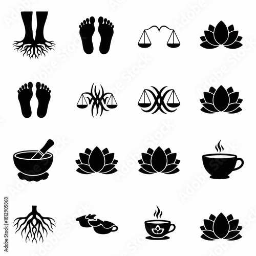 Holistic health and spiritual balance icon set in black silhouette.
