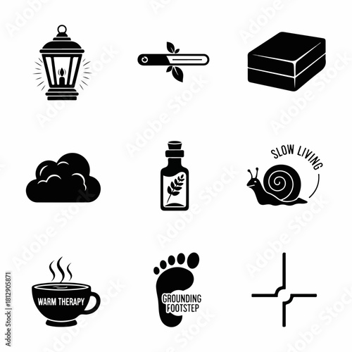 Slow Living and Wellness Black Glyph Icons Set for Relaxation.
