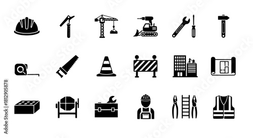 Construction and industrial equipment icons set
