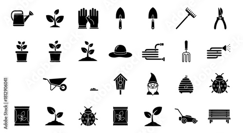Gardening Tools and Supplies Black Icon Set